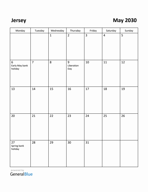 May 2030 Calendar with Jersey Holidays