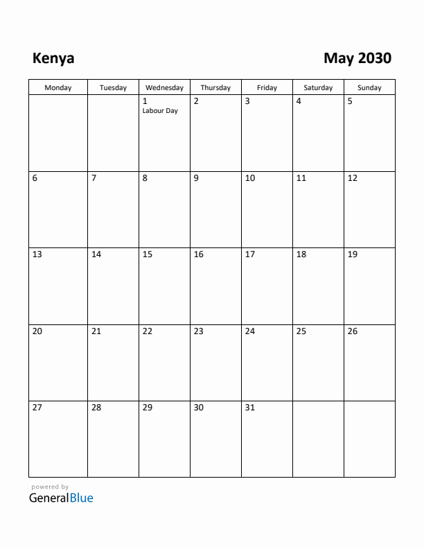 May 2030 Calendar with Kenya Holidays