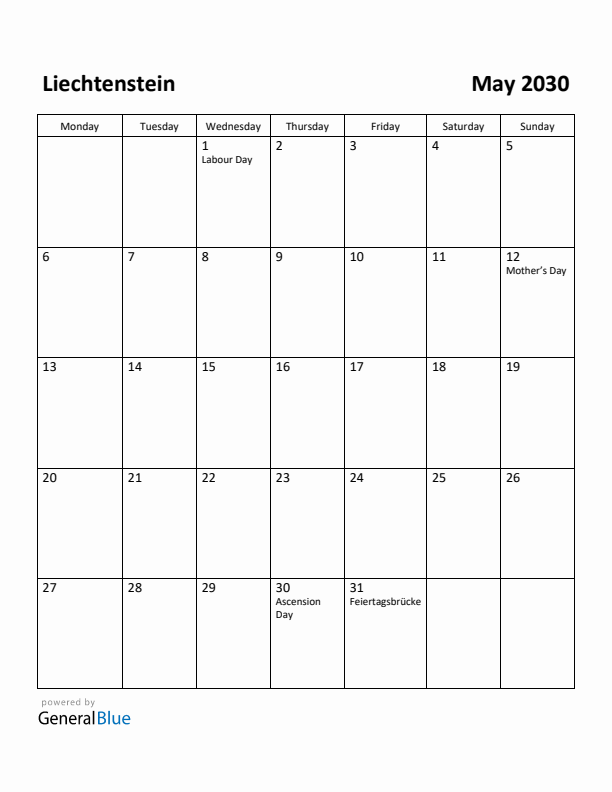 May 2030 Calendar with Liechtenstein Holidays