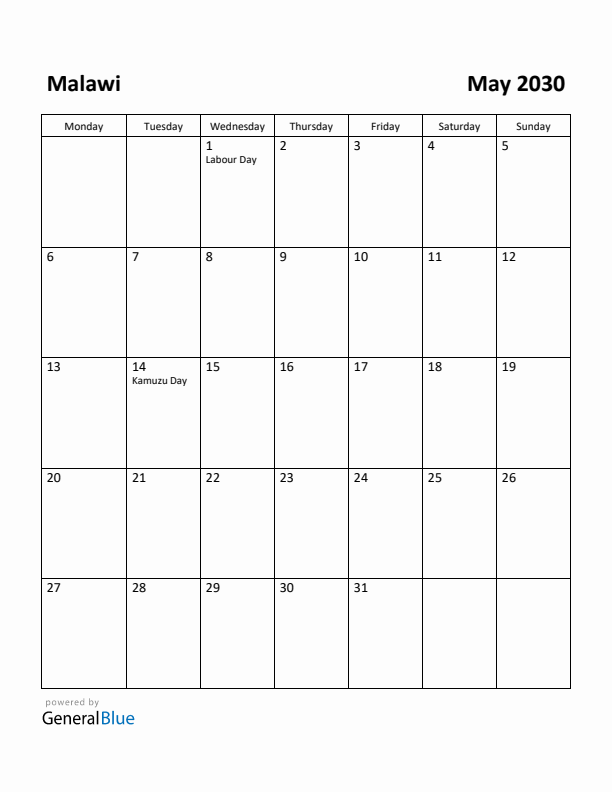 May 2030 Calendar with Malawi Holidays