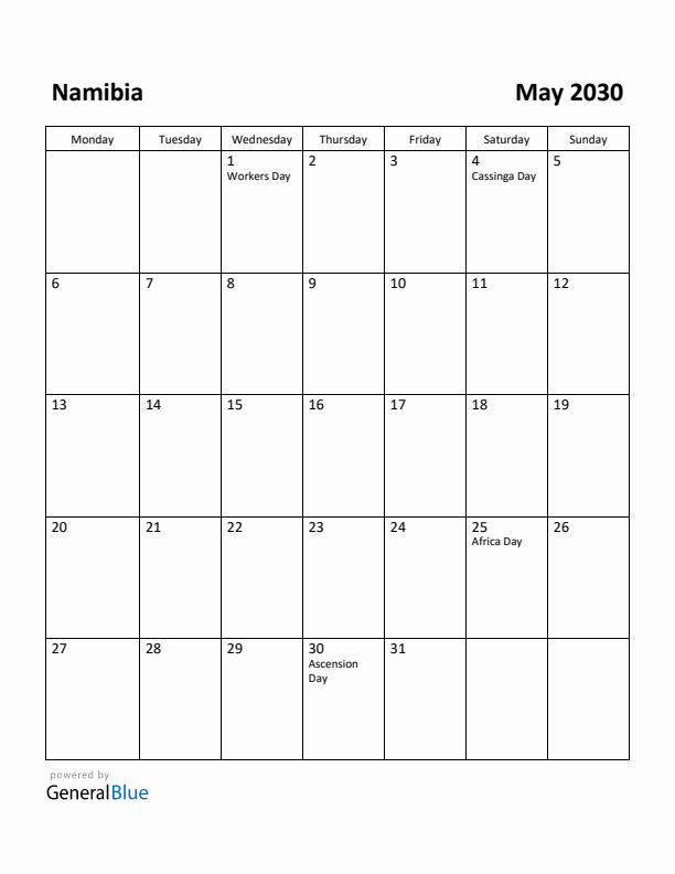 May 2030 Calendar with Namibia Holidays