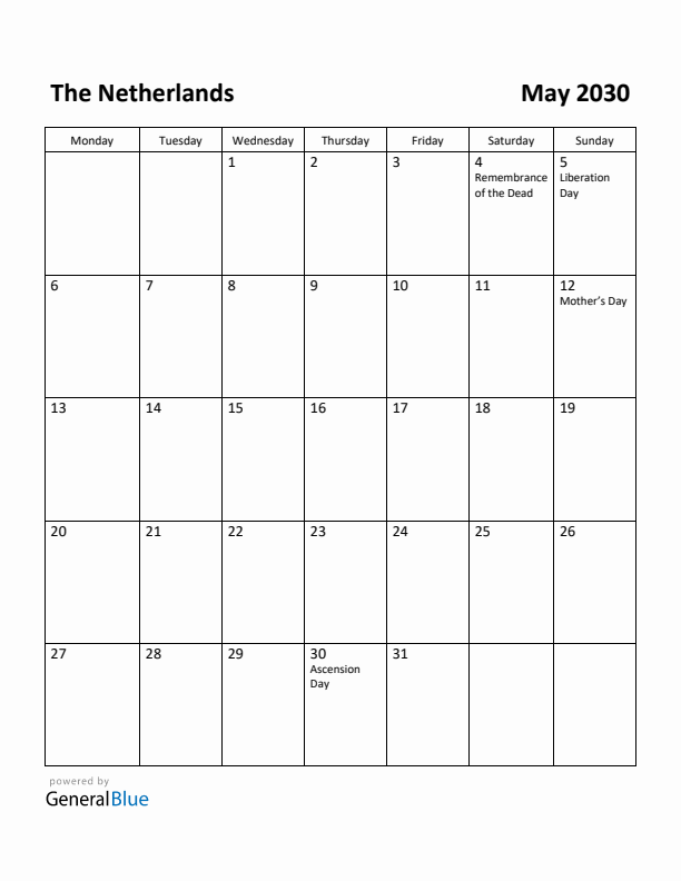 May 2030 Calendar with The Netherlands Holidays