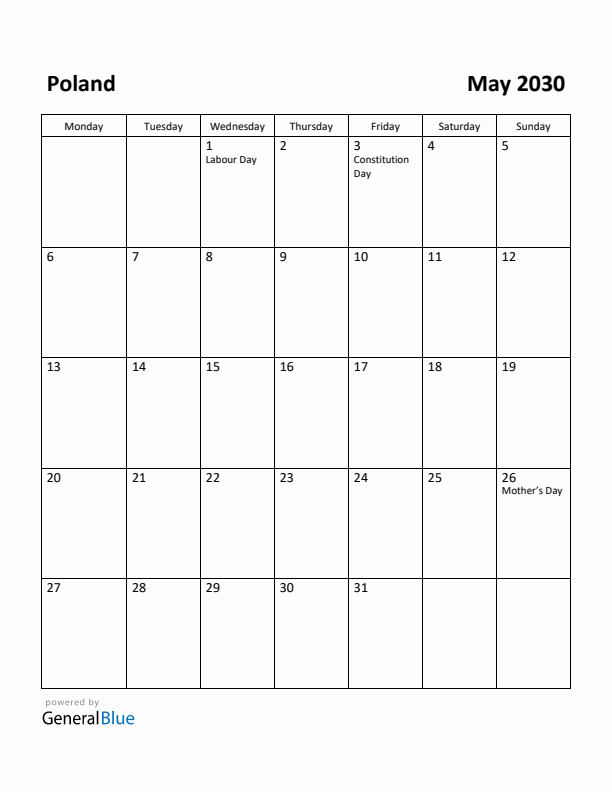 May 2030 Calendar with Poland Holidays