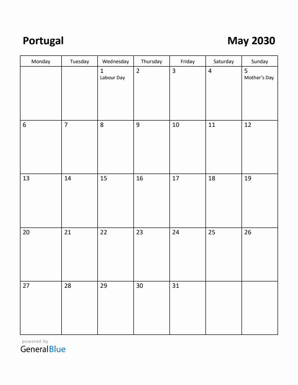 May 2030 Calendar with Portugal Holidays