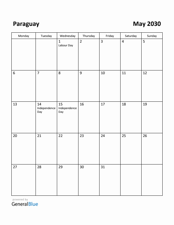 May 2030 Calendar with Paraguay Holidays