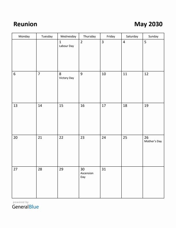 May 2030 Calendar with Reunion Holidays