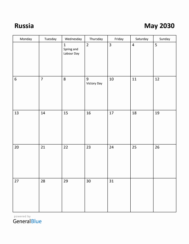 May 2030 Calendar with Russia Holidays