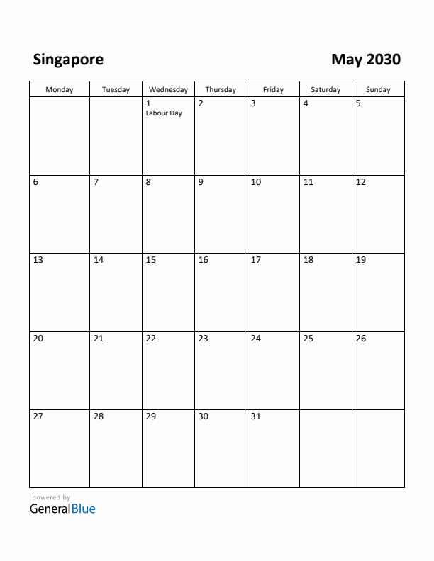 May 2030 Calendar with Singapore Holidays