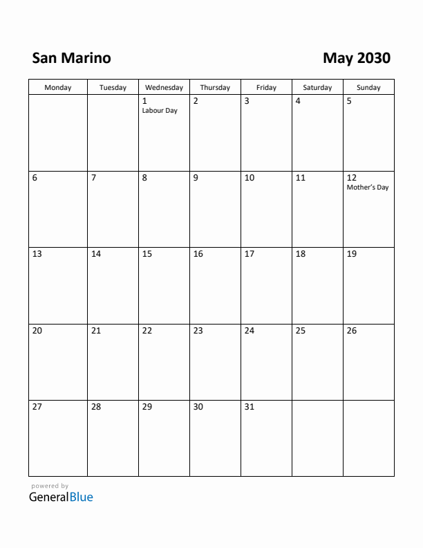 May 2030 Calendar with San Marino Holidays