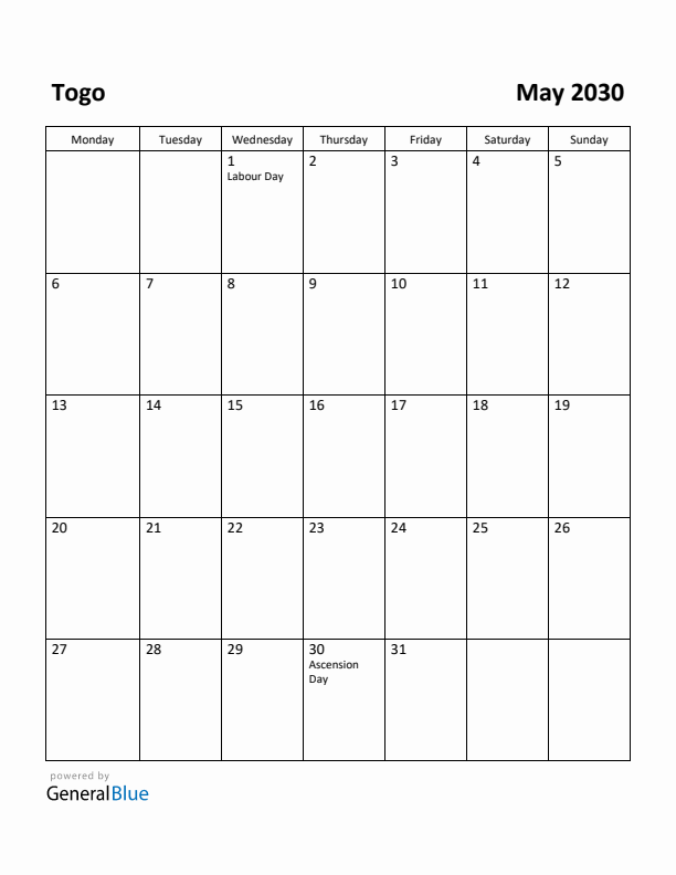 May 2030 Calendar with Togo Holidays