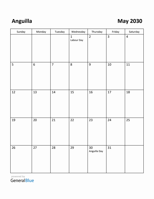 May 2030 Calendar with Anguilla Holidays