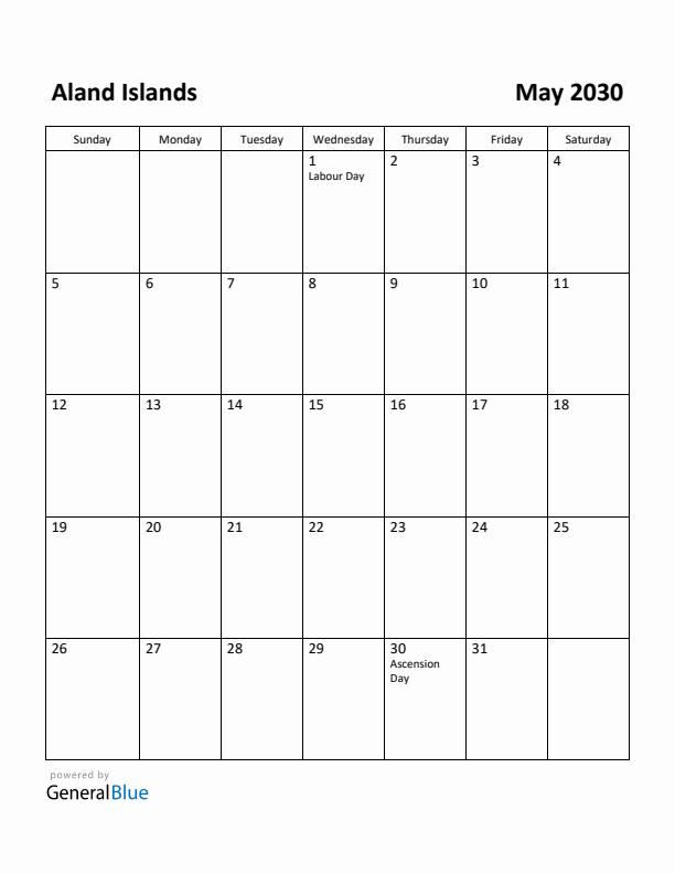 May 2030 Calendar with Aland Islands Holidays