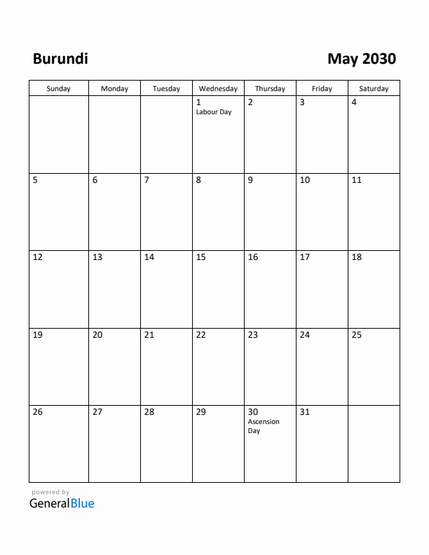 May 2030 Calendar with Burundi Holidays