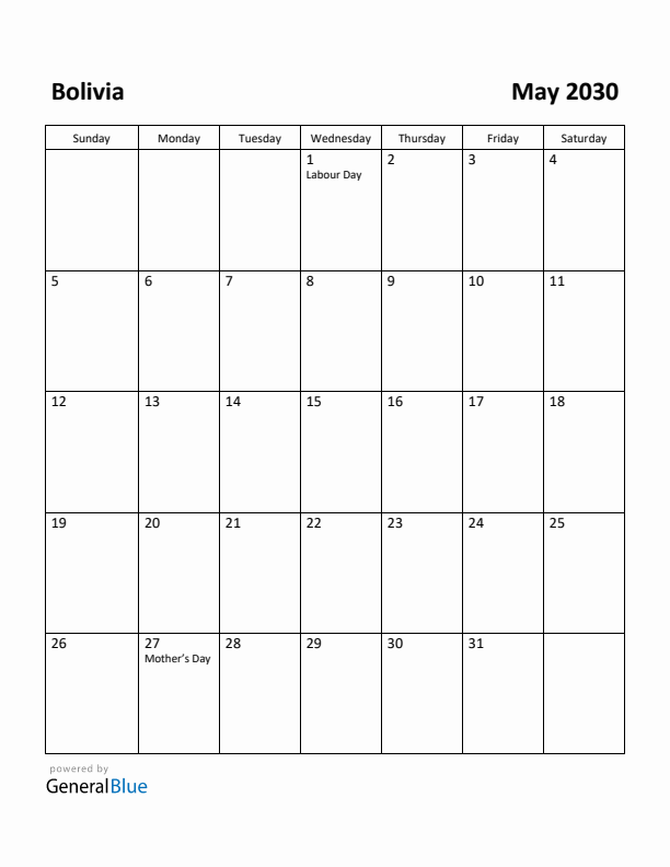 May 2030 Calendar with Bolivia Holidays