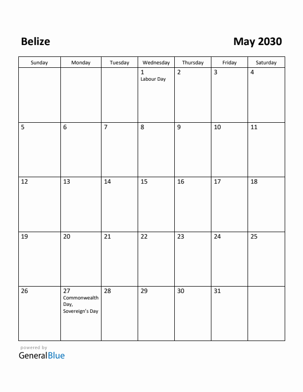 May 2030 Calendar with Belize Holidays