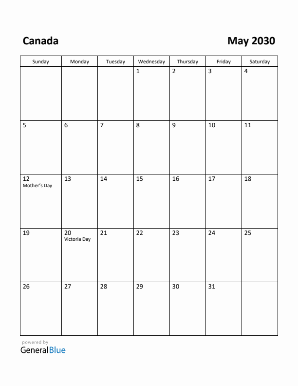 May 2030 Calendar with Canada Holidays