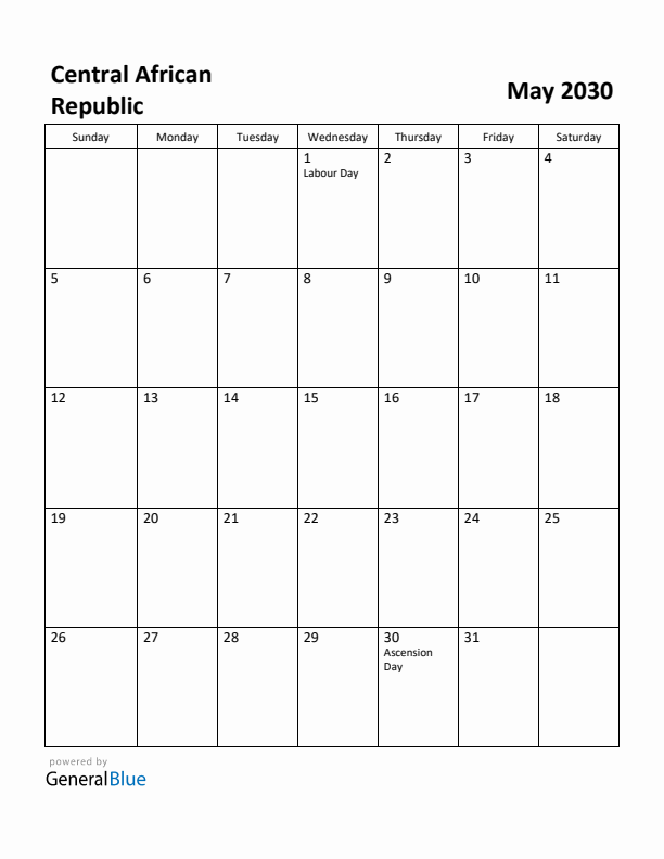 May 2030 Calendar with Central African Republic Holidays