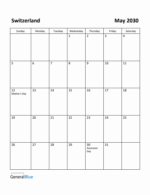 May 2030 Calendar with Switzerland Holidays