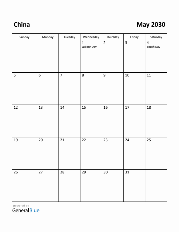 May 2030 Calendar with China Holidays