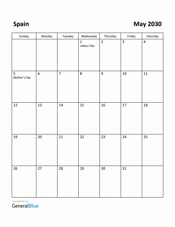 May 2030 Calendar with Spain Holidays