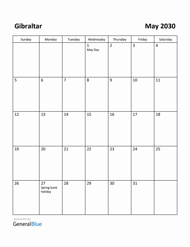 May 2030 Calendar with Gibraltar Holidays