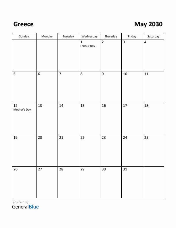 May 2030 Calendar with Greece Holidays