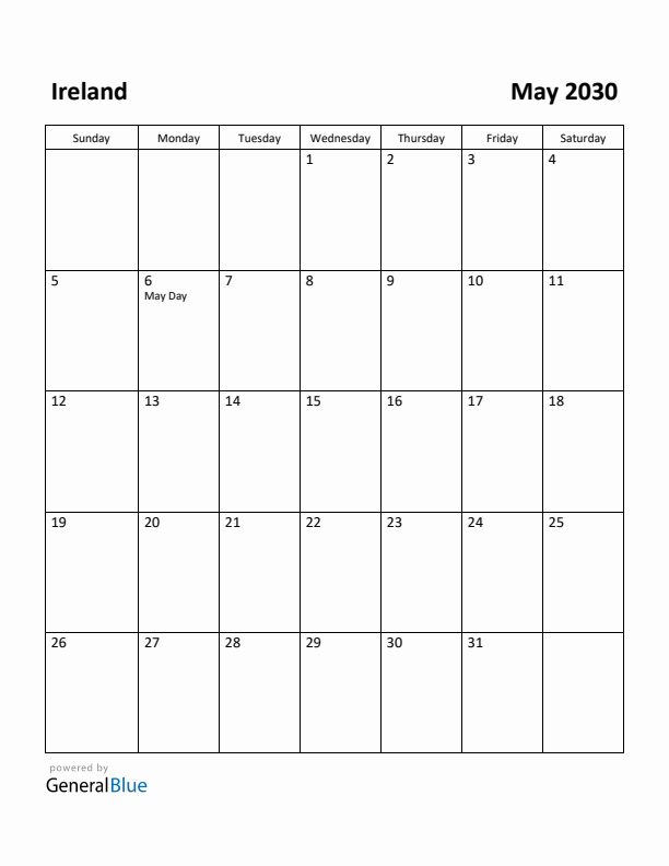 May 2030 Calendar with Ireland Holidays