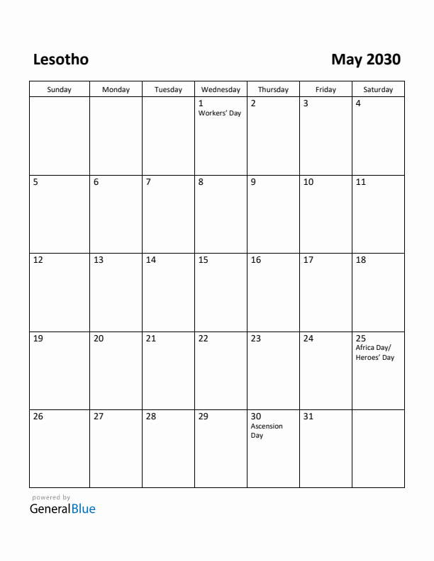 May 2030 Calendar with Lesotho Holidays