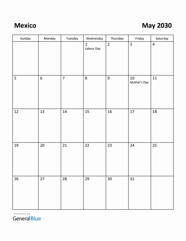 May 2030 Calendar with Mexico Holidays