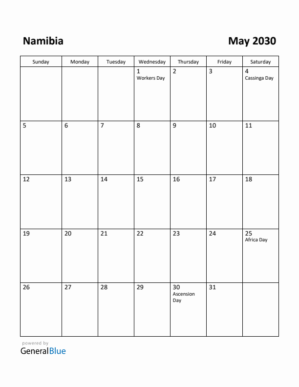 May 2030 Calendar with Namibia Holidays