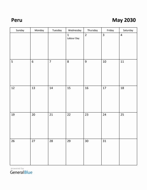 May 2030 Calendar with Peru Holidays