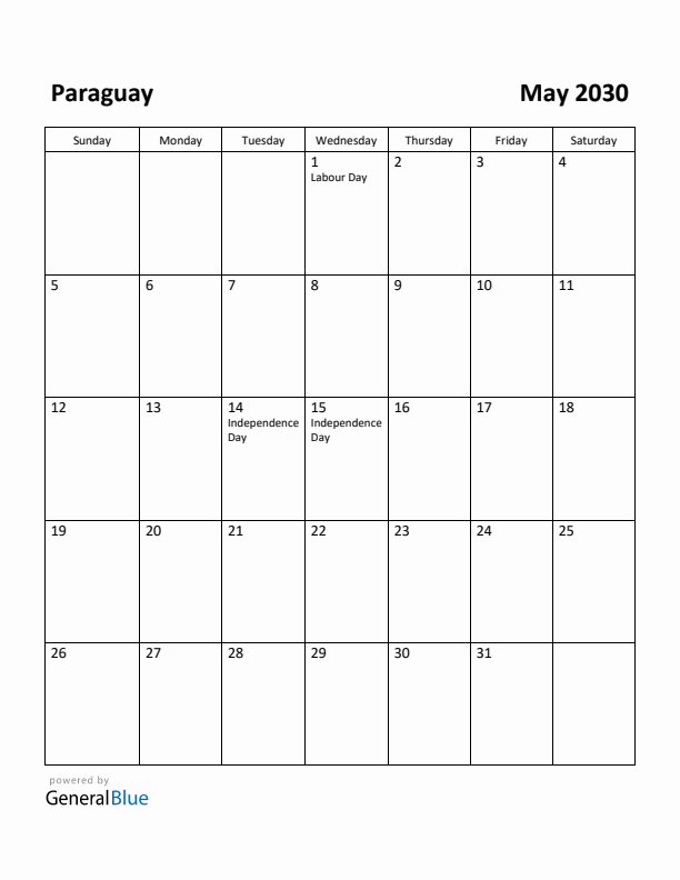 May 2030 Calendar with Paraguay Holidays