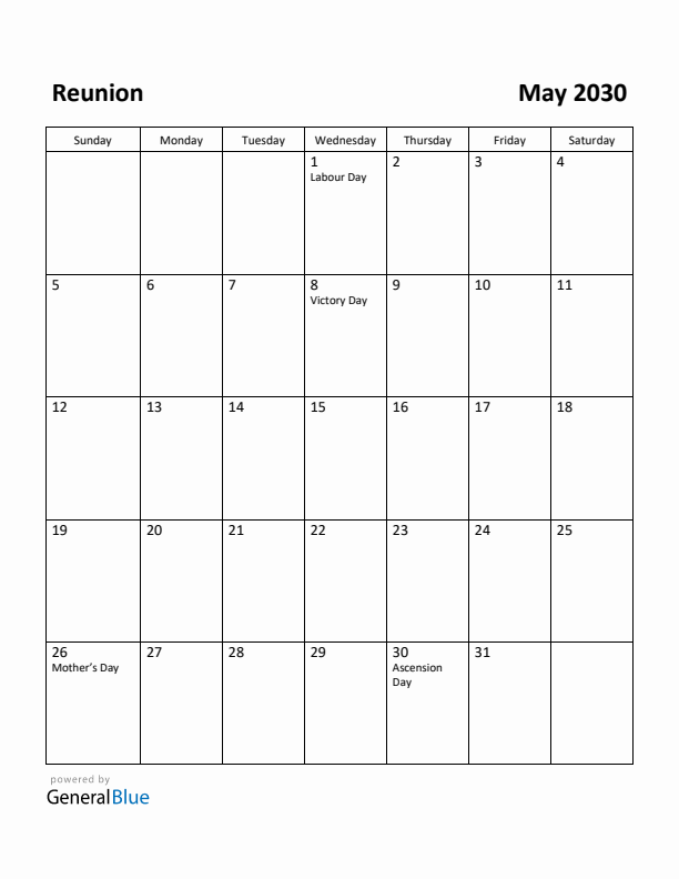 May 2030 Calendar with Reunion Holidays