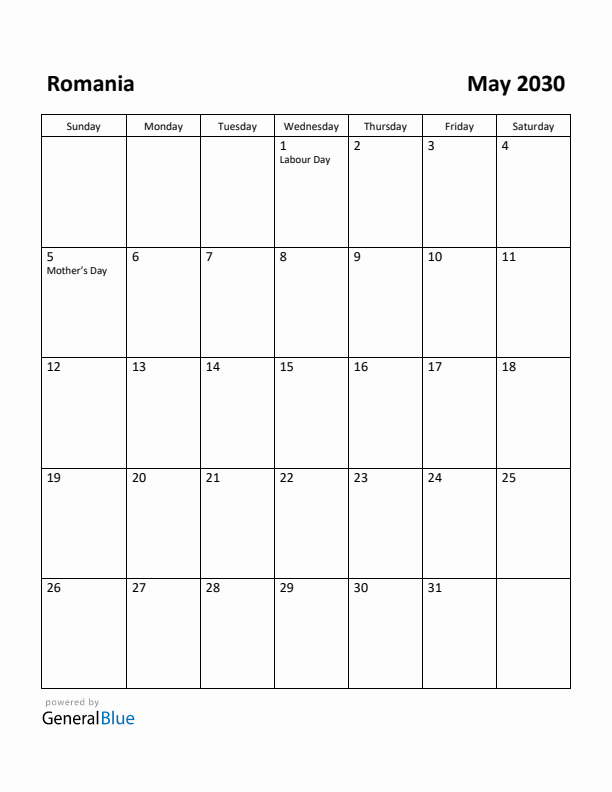 May 2030 Calendar with Romania Holidays