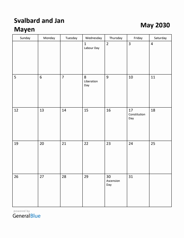 May 2030 Calendar with Svalbard and Jan Mayen Holidays