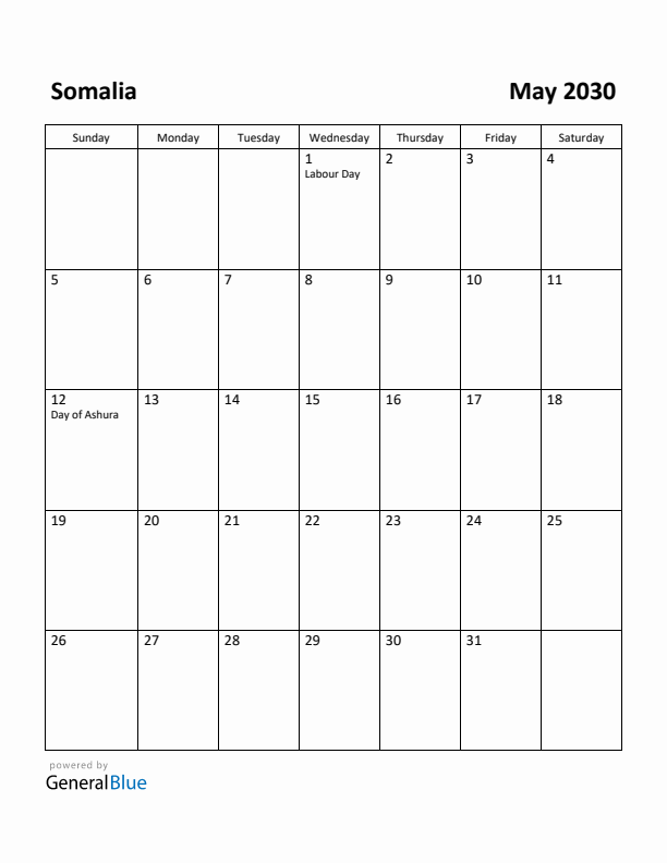 May 2030 Calendar with Somalia Holidays