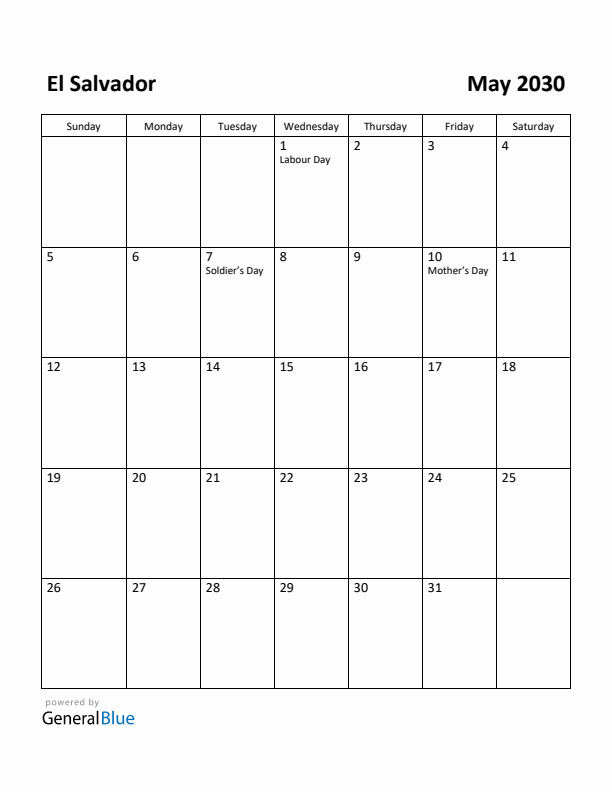 May 2030 Calendar with El Salvador Holidays