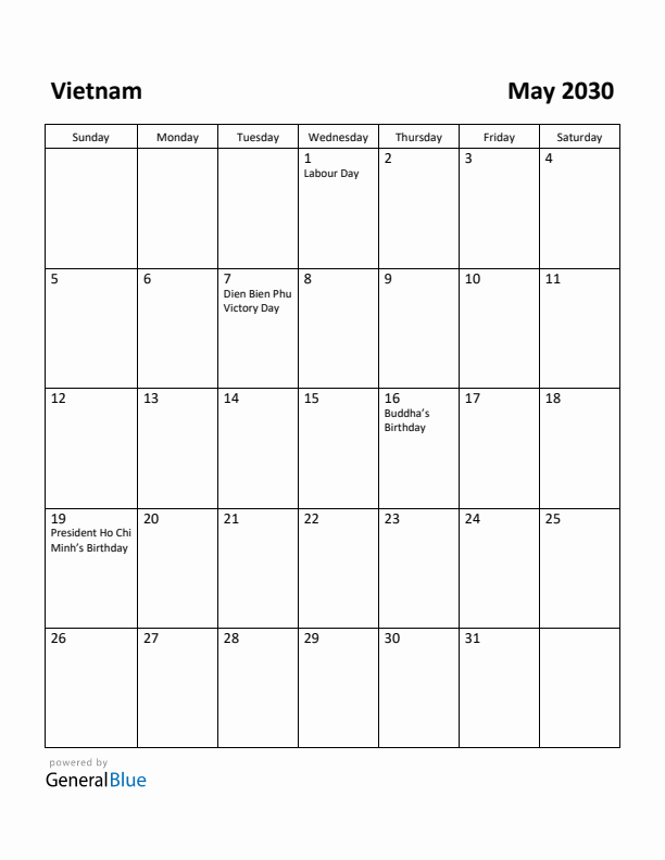 May 2030 Calendar with Vietnam Holidays