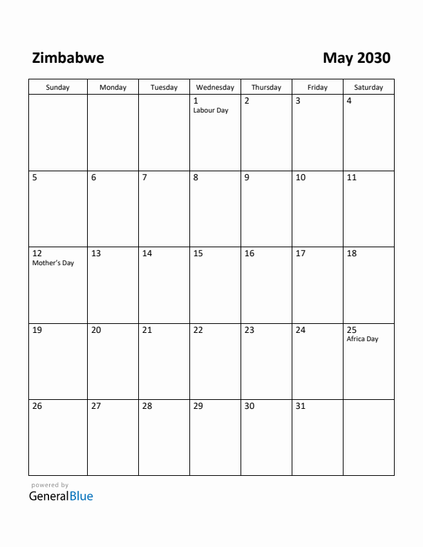 May 2030 Calendar with Zimbabwe Holidays