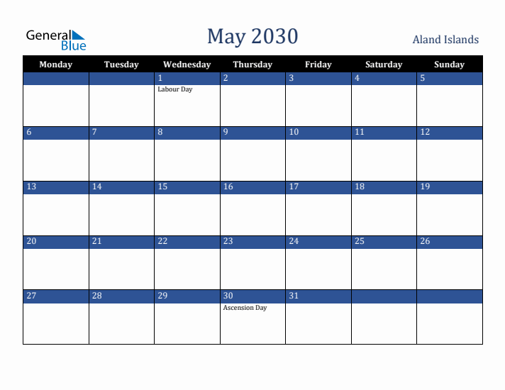 May 2030 Aland Islands Calendar (Monday Start)