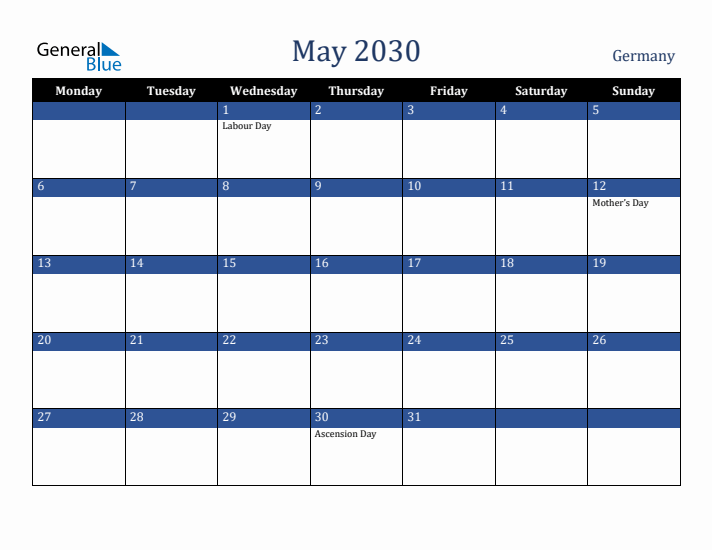 May 2030 Germany Calendar (Monday Start)