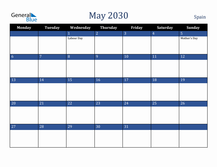 May 2030 Spain Calendar (Monday Start)