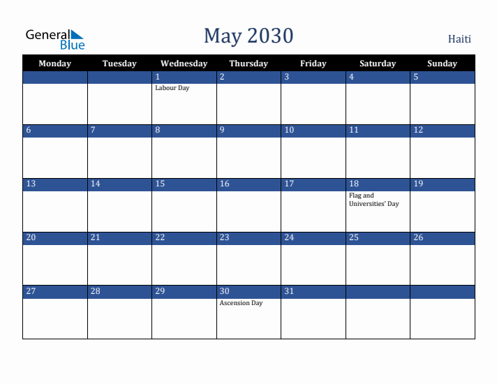 May 2030 Haiti Calendar (Monday Start)