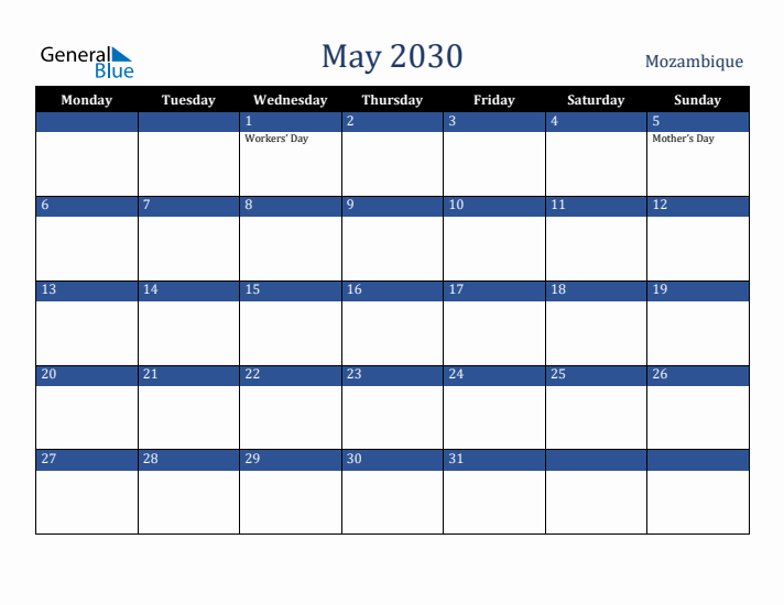 May 2030 Mozambique Calendar (Monday Start)