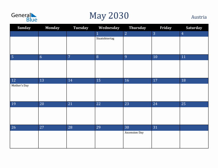 May 2030 Austria Calendar (Sunday Start)