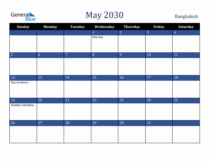 May 2030 Bangladesh Calendar (Sunday Start)