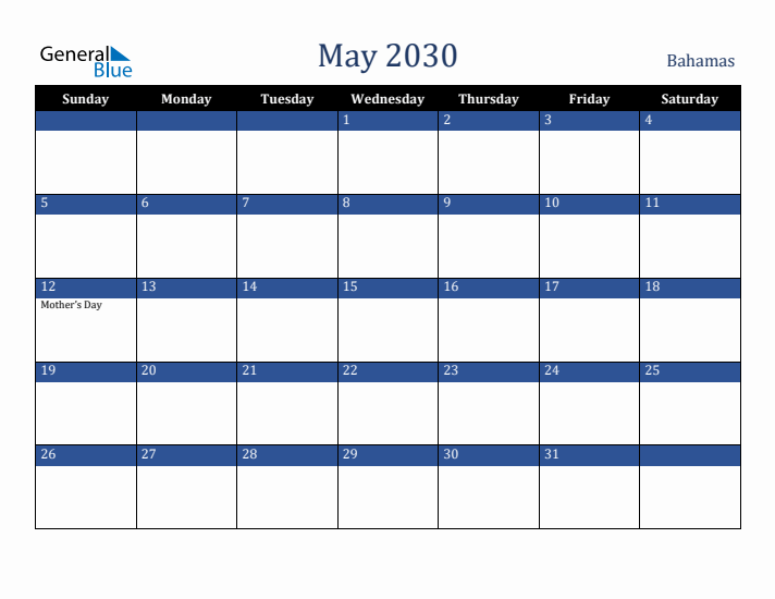 May 2030 Bahamas Calendar (Sunday Start)