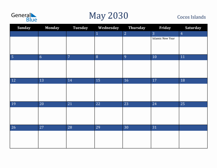 May 2030 Cocos Islands Calendar (Sunday Start)