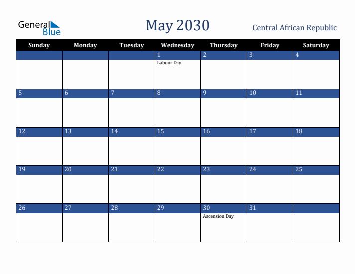 May 2030 Central African Republic Calendar (Sunday Start)