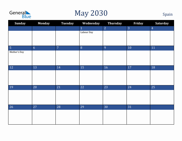 May 2030 Spain Calendar (Sunday Start)